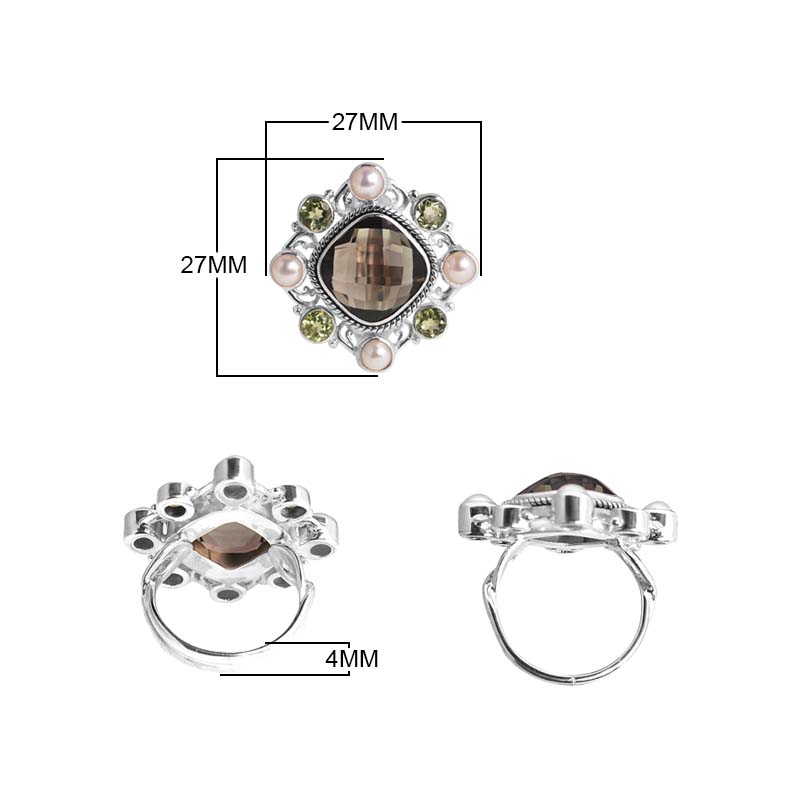 Sterling Silver Ring With Smoky Quartz, Peridot Quartz, And Pearl, Designer Cluster Ring, Mirror Polished Antique Finish