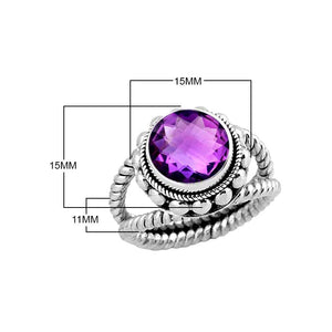 Sterling Silver Ring With Amethyst Quartz, Rope Band Designer Ring, Mirror Polished Antique Finish