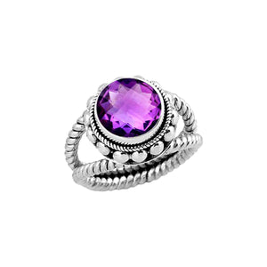 Sterling Silver Ring With Amethyst Quartz, Rope Band Designer Ring, Mirror Polished Antique Finish