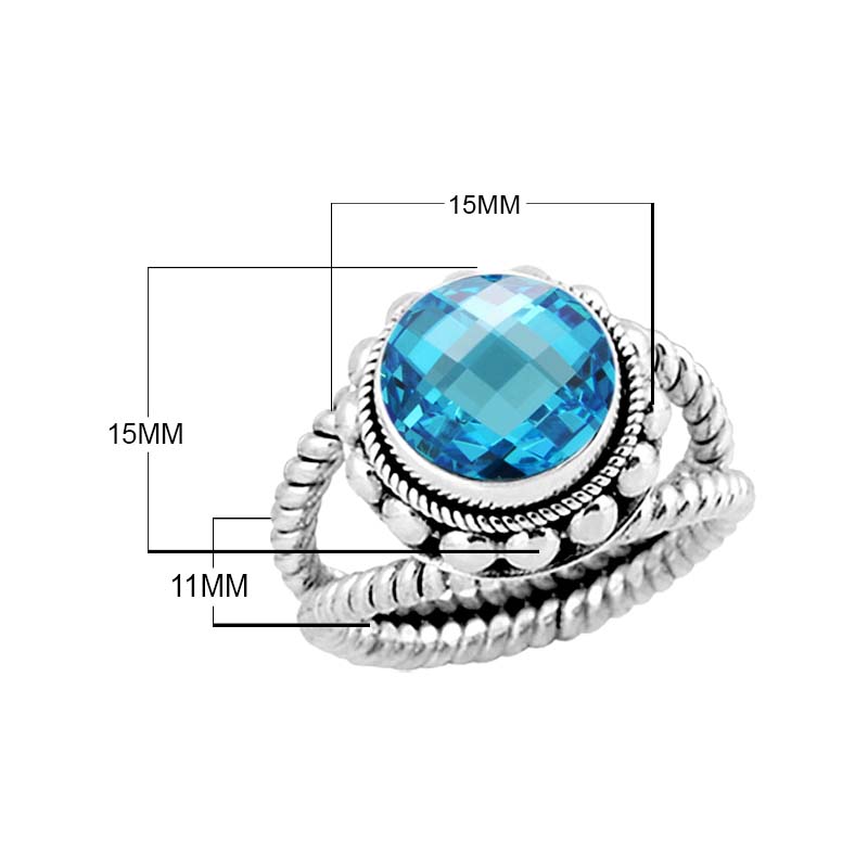 Sterling Silver Ring With Blue Topaz Quartz, Rope Band Designer Ring, Mirror Polished Antique Finish