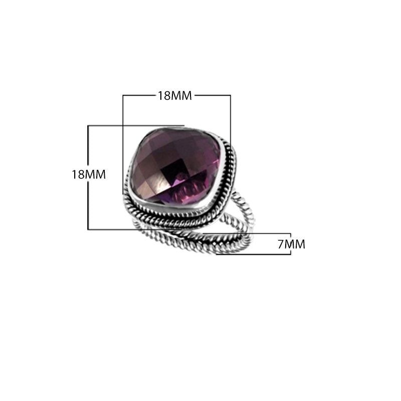 Sterling Silver Ring With Amethyst Quartz, Cushion Rope Frame Designer Ring, Mirror Polished Silver Finish