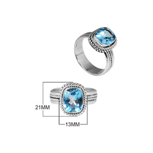 Sterling silver Blue Topaz Quartz cushion ring with braided rope border, handcrafted wholesale jewelry from Bali