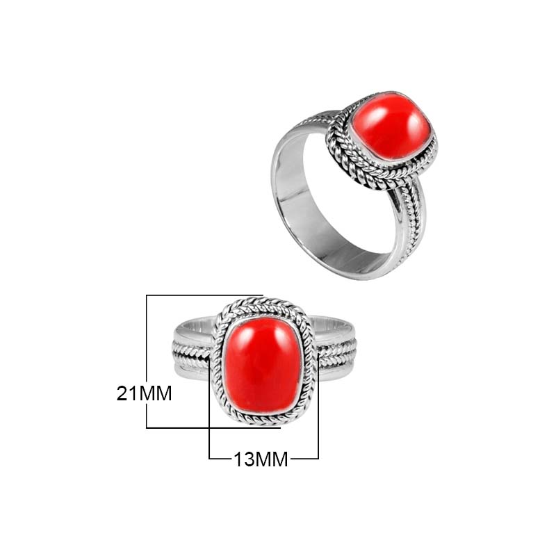 Sterling silver Red Coral cushion ring with braided rope detailing, handcrafted wholesale jewelry from Bali