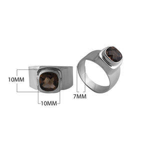 Sterling silver Smoky Topaz Quartz flat cushion ring with smooth bezel setting, handcrafted wholesale jewelry from Bali