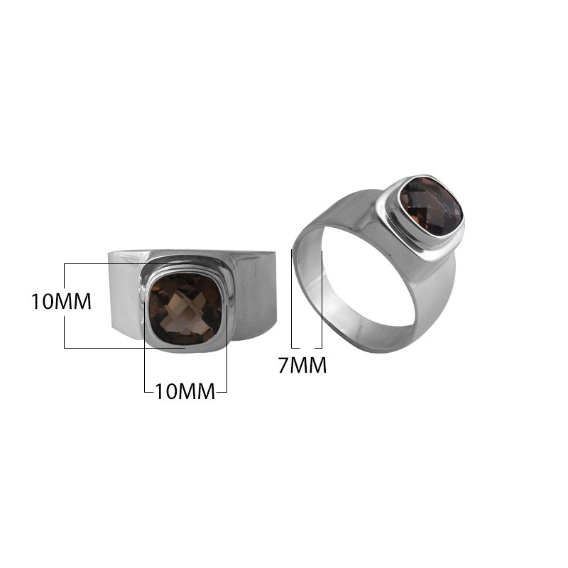Sterling silver Smoky Topaz Quartz flat cushion ring with smooth bezel setting, handcrafted wholesale jewelry from Bali