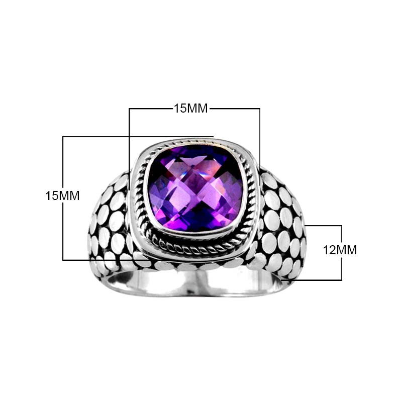 Sterling silver Amethyst Quartz cushion ring with dotted oxidized band, handcrafted wholesale jewelry from Bali