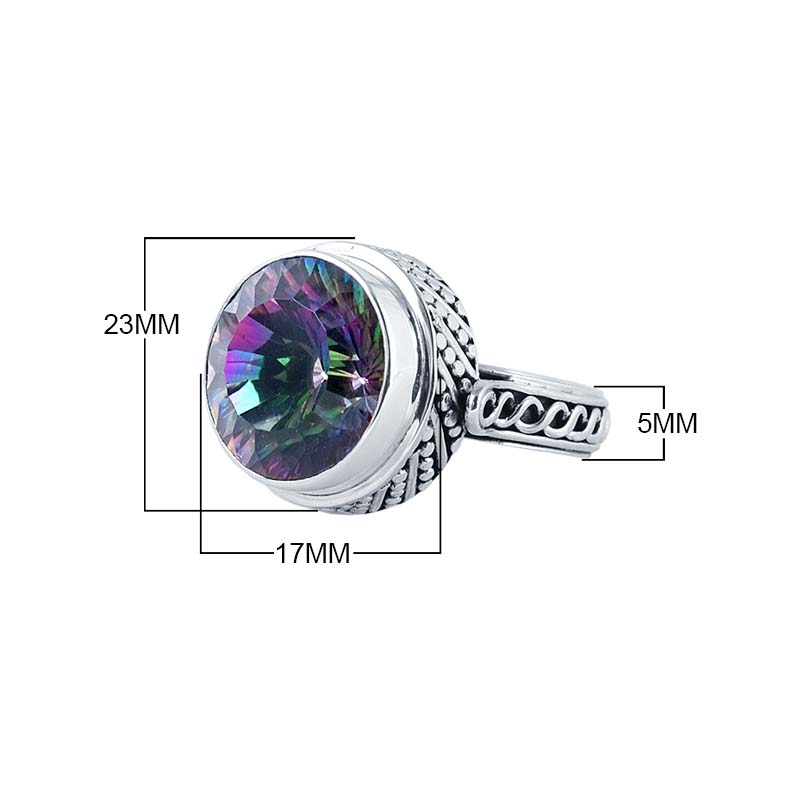 Sterling silver Mystic Quartz round bezel ring with dotted Bali detailing, handcrafted wholesale jewelry from Bali