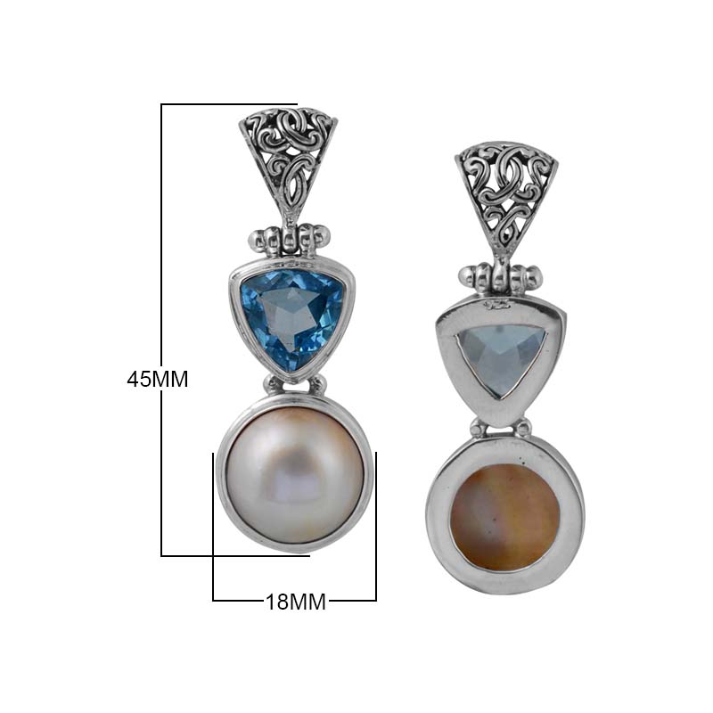 Wholesale Sterling Silver Fresh Water Pearl & Blue Topaz Quartz Pendant With Ornate Trillion Drop Design Handcrafted In Bali