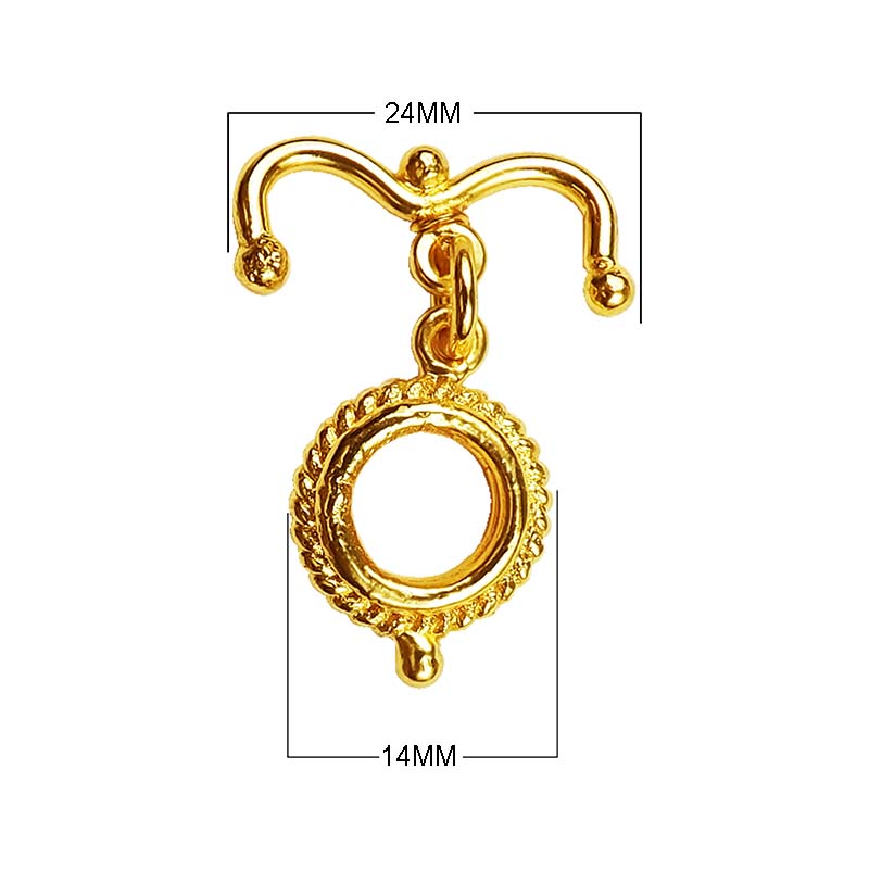 18K gold overlay toggle clasp with rope-edged round ring and curved bar, handcrafted jewelry finding from India