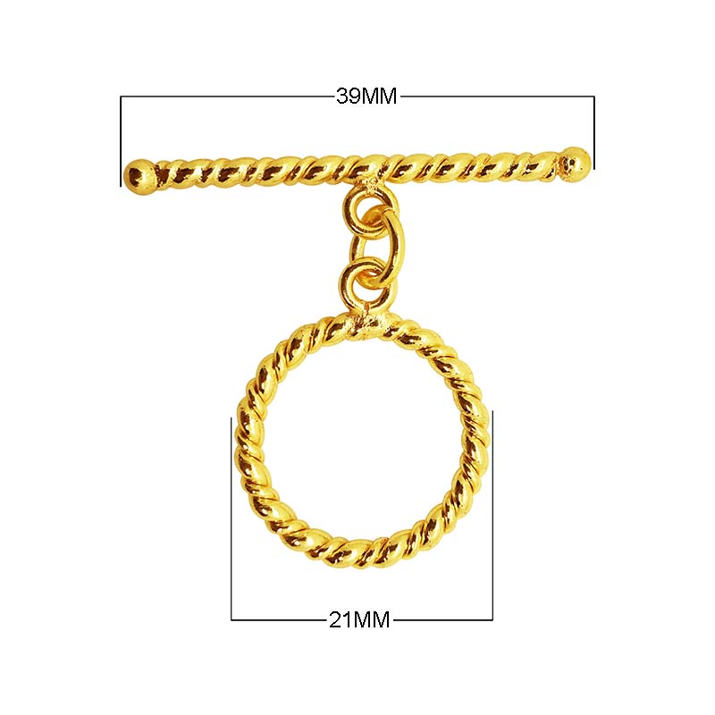 18K gold overlay toggle clasp with twisted rope ring and matching bar, handcrafted jewelry finding from India