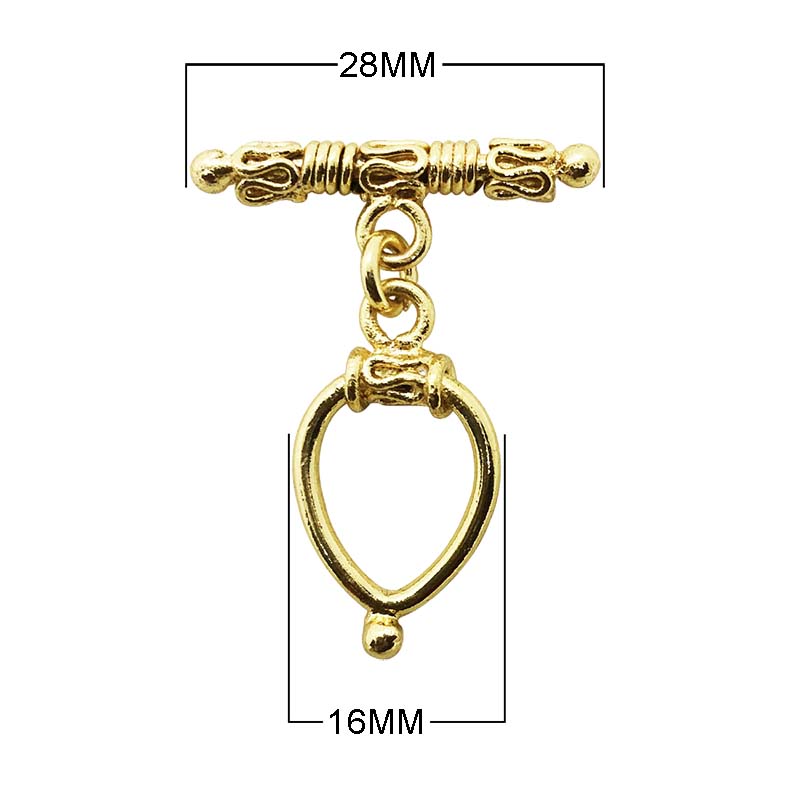 18K gold overlay toggle clasp with decorative bar and teardrop loop, handcrafted jewelry finding from India