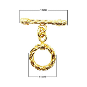 18K gold overlay toggle clasp with braided rope ring and twisted bar, handcrafted jewelry finding from India