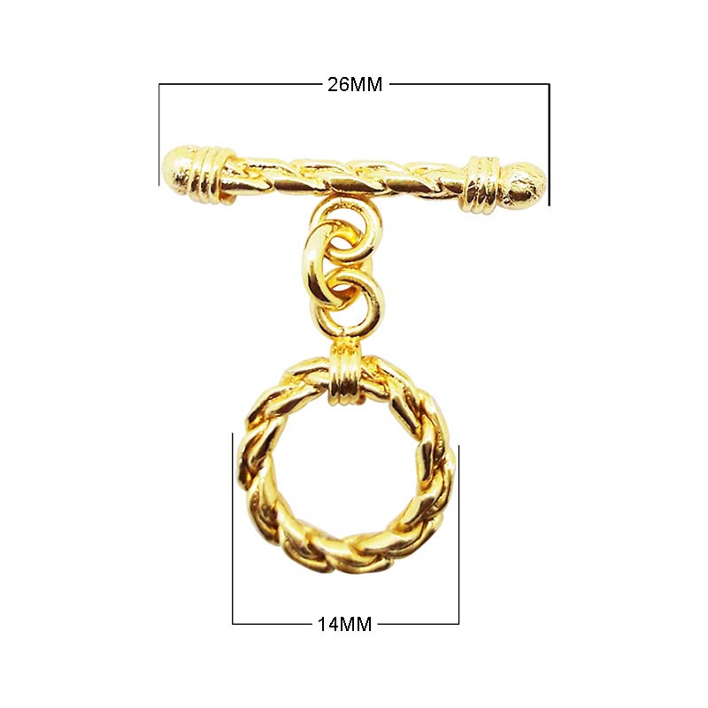 18K gold overlay toggle clasp with braided rope ring and twisted bar, handcrafted jewelry finding from India