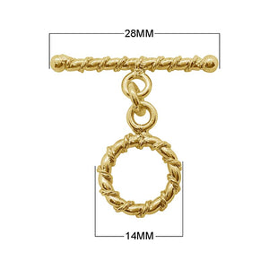 18K gold overlay toggle clasp with twisted rope circular ring and matching bar, handcrafted jewelry finding from India