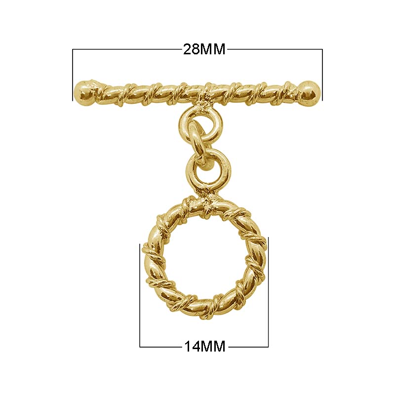 18K gold overlay toggle clasp with twisted rope circular ring and matching bar, handcrafted jewelry finding from India