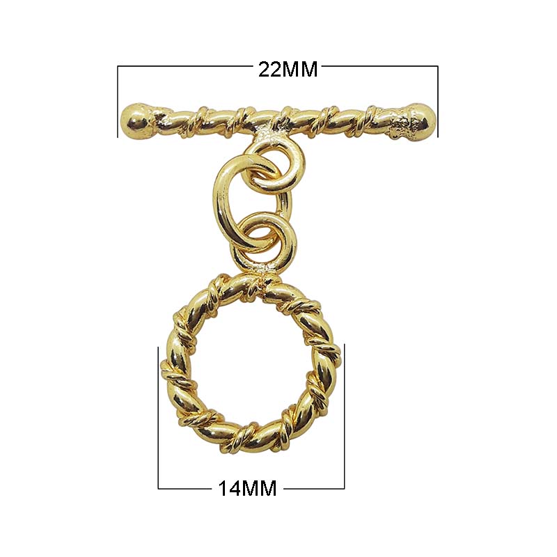 18K gold overlay toggle clasp with twisted rope ring and matching bar, handcrafted jewelry finding from India