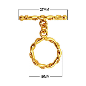 18K gold overlay toggle clasp with hexagonal twisted rope ring and matching bar, handcrafted jewelry finding from India