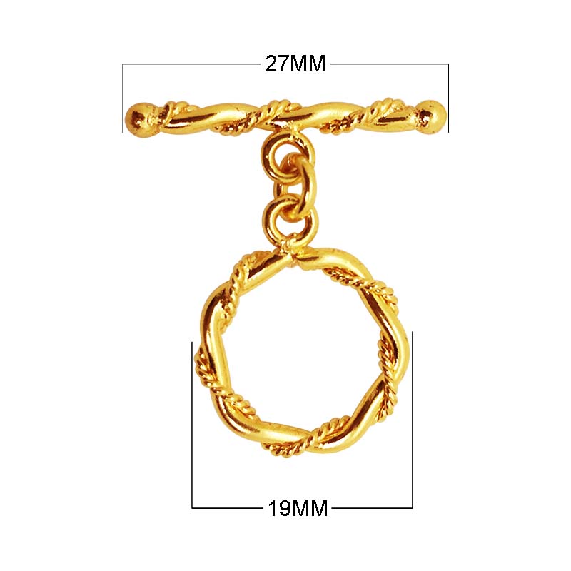 18K gold overlay toggle clasp with hexagonal twisted rope ring and matching bar, handcrafted jewelry finding from India