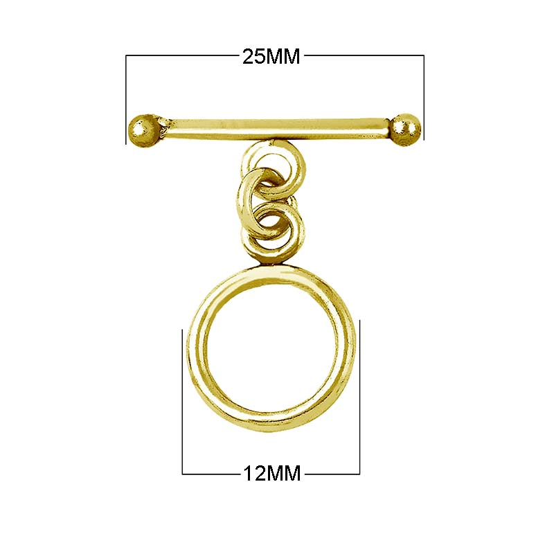 18K gold overlay toggle clasp with smooth round ring and classic bar with ball ends, handcrafted jewelry finding from India