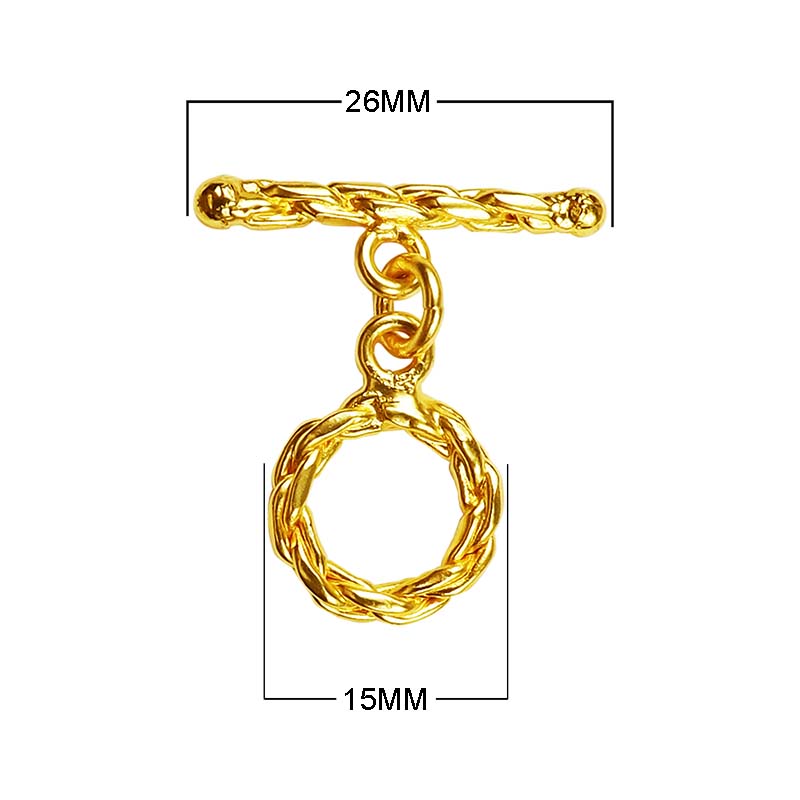 18K Gold Overlay Braided Toggle Clasp with polished golden finish, handcrafted in India