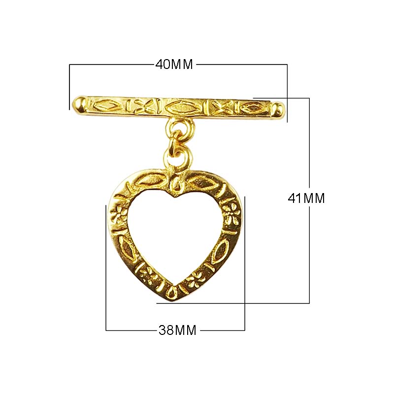 18K Gold Overlay Heart Toggle Clasp with engraved detailing handcrafted in India for wholesale jewelry