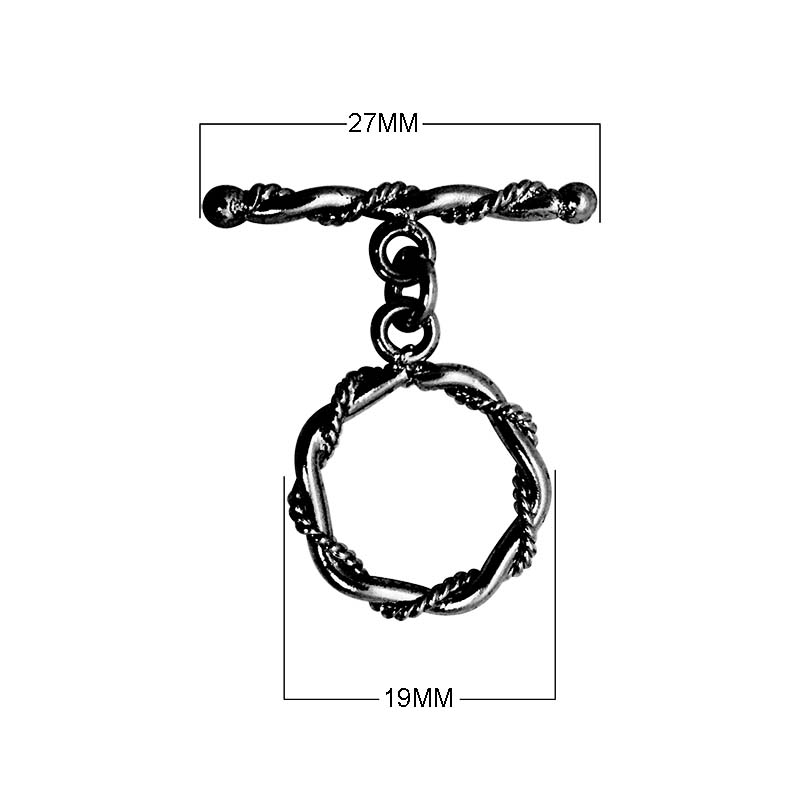 Black Rhodium Overlay interwoven circular toggle clasp with twisted bar, handcrafted in India for wholesale jewelry findings.