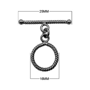 Black Rhodium Overlay toggle clasp with rope pattern circular ring, handcrafted in India for wholesale jewelry findings.