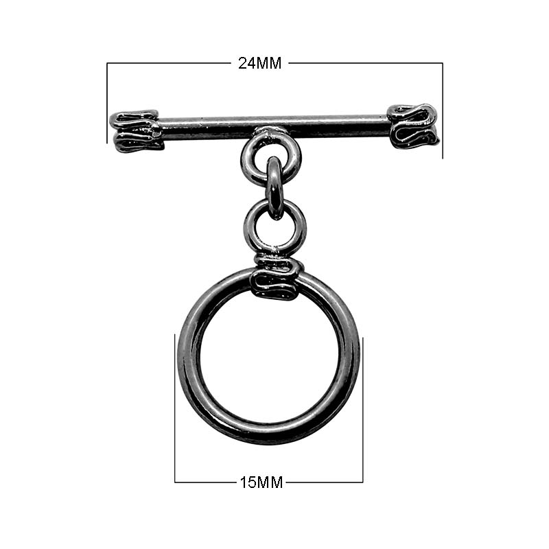 Black Rhodium Overlay toggle clasp with smooth circular connector and patterned bar, handcrafted in India for wholesale jewelry findings.