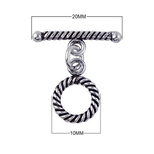 Silver Overlay rope design toggle clasp with twisted circular loop and matching bar, oxidized finish, wholesale jewelry making component.