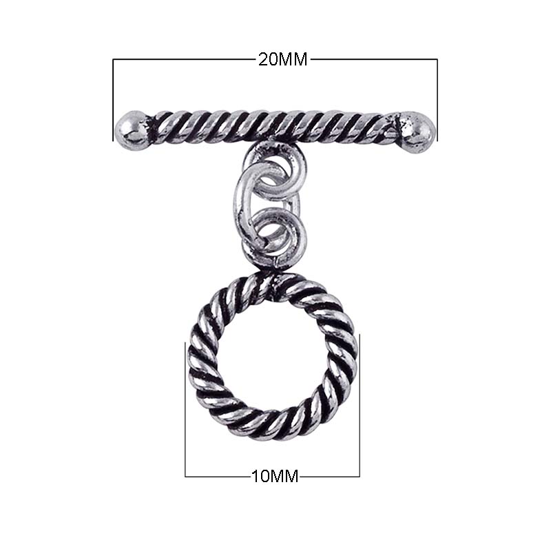 Silver Overlay rope design toggle clasp with twisted circular loop and matching bar, oxidized finish, wholesale jewelry making component.