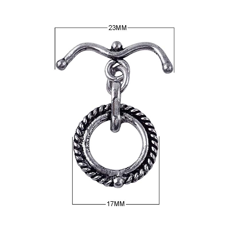 Silver Overlay toggle clasp with curved bar and rope-textured circular loop, oxidized finish, wholesale jewelry making component from Bali.