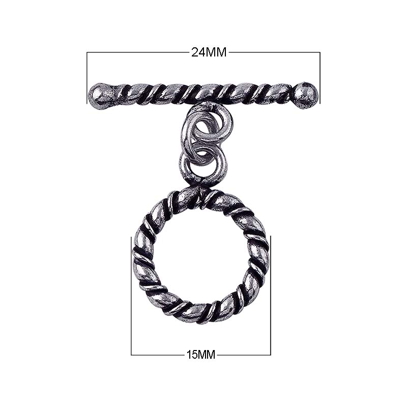 Silver Overlay toggle clasp with twisted rope design on bar and circular loop, oxidized finish, wholesale jewelry making component from Bali.
