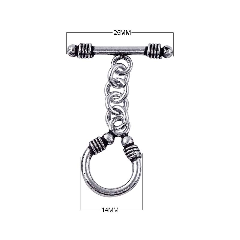 Silver Overlay toggle clasp with straight bar, chain link connector, and U-shaped ring, oxidized finish, wholesale jewelry making component from Bali.