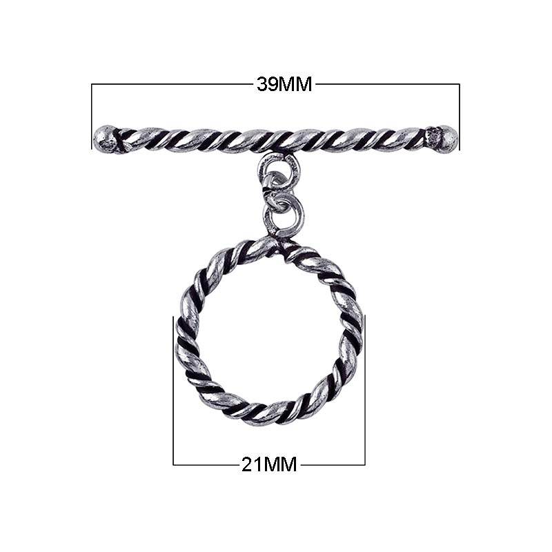 Silver Overlay toggle clasp with twisted bar and rope-style circular loop, oxidized finish, wholesale jewelry making component from Bali.