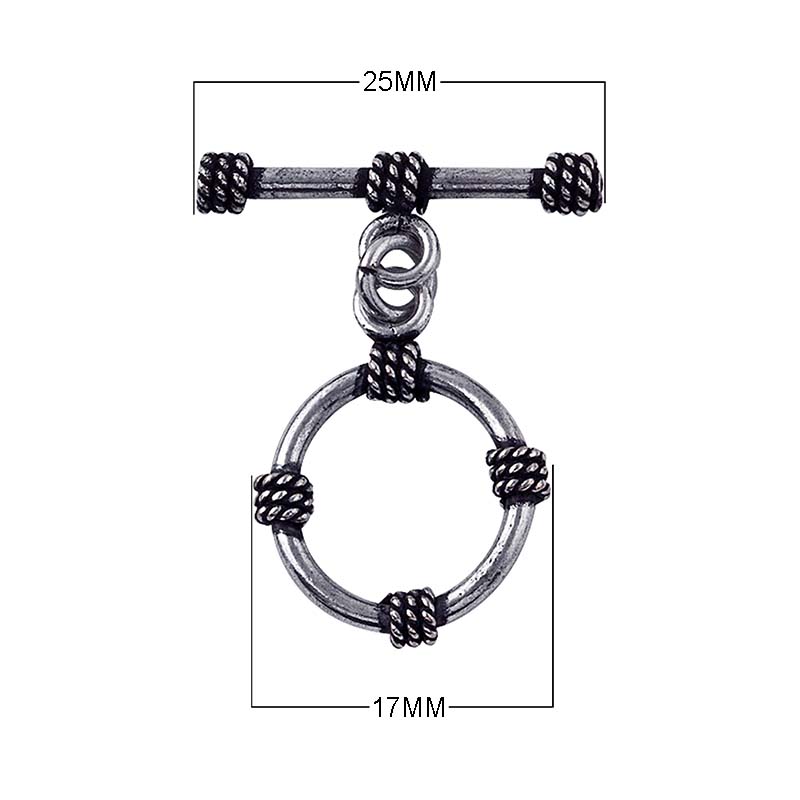 Silver Overlay rope-wrapped circle toggle clasp with matching bar, wholesale Bali jewelry finding for bracelets and necklaces.