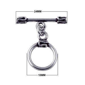 Silver Overlay toggle clasp with circular ring and folded edge bar accents in oxidized antique finish, wholesale jewelry finding handcrafted in Bali.
