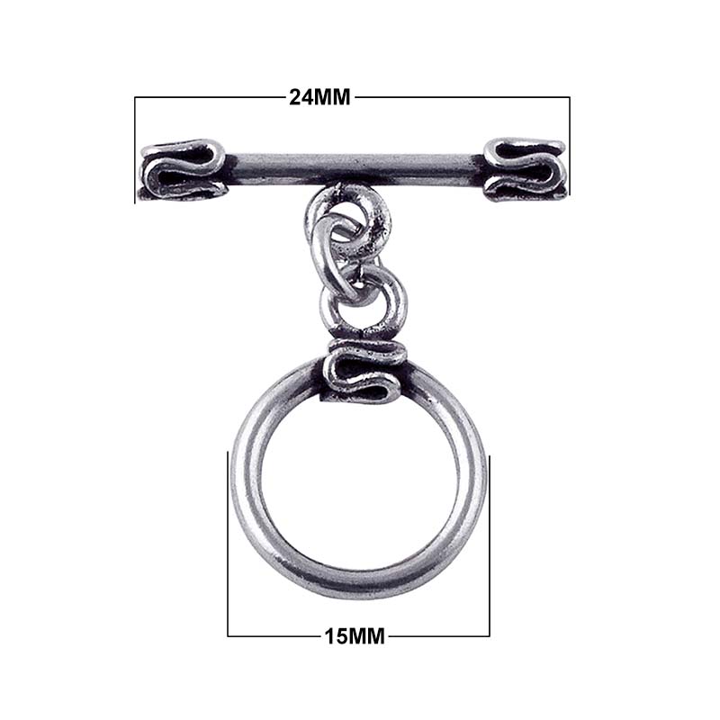 Silver Overlay toggle clasp with circular ring and folded edge bar accents in oxidized antique finish, wholesale jewelry finding handcrafted in Bali.