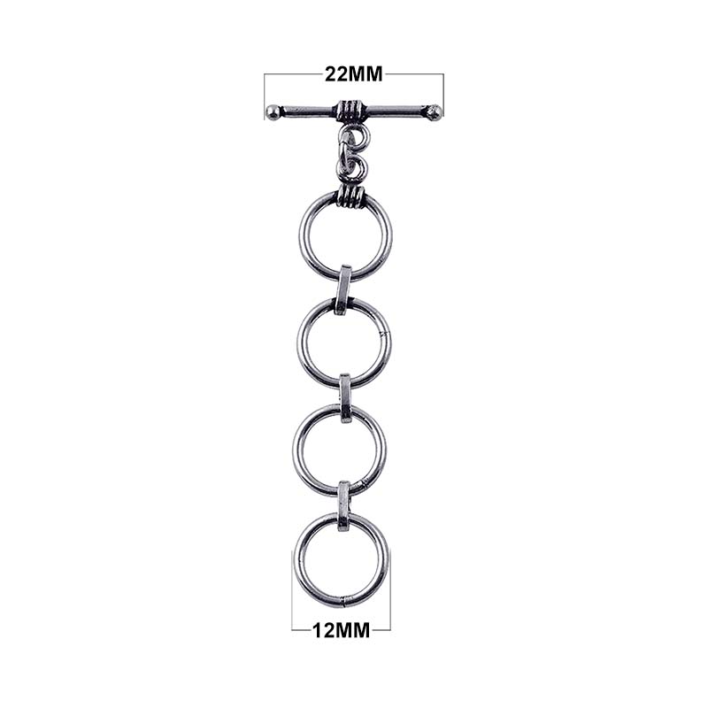 Silver Overlay multi-ring toggle clasp with four interlinked circular rings and a bar closure, polished finish, wholesale jewelry findings.