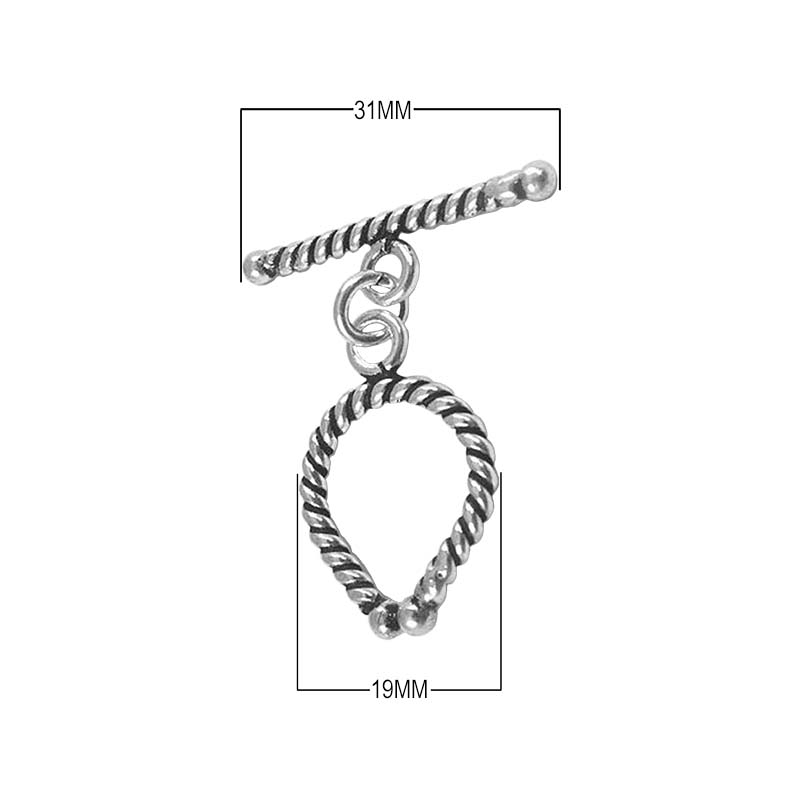 Silver Overlay rope-edge toggle clasp in bulk, handcrafted in Bali, Indonesia – twisted loop and bar design for secure jewelry fastening.