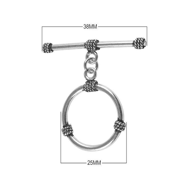 Silver Overlay round toggle clasp with rope accents in bulk, handcrafted in India – durable bar and loop design for jewelry making supplies.