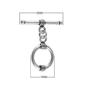 Silver Overlay round toggle clasp with wire detailing and bar, bulk jewelry findings handcrafted in India.