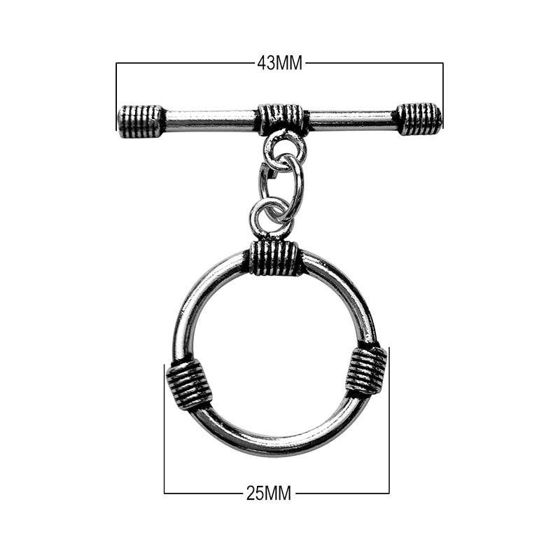 Silver Overlay toggle clasp with wrapped wire detailing on circular ring and bar, handcrafted in India for wholesale jewelry findings.