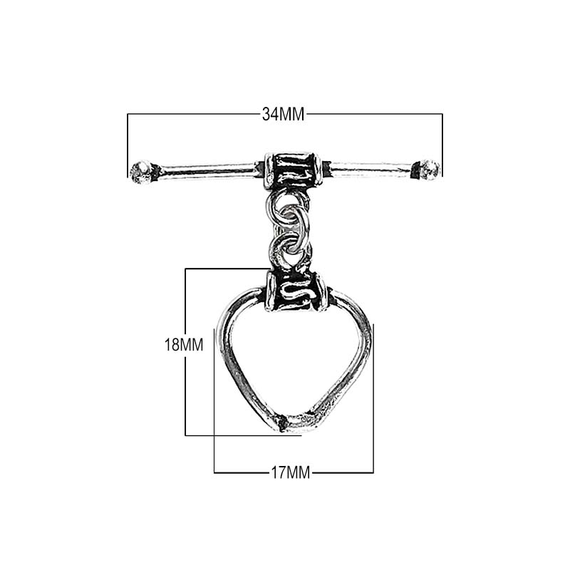 Silver Overlay heart toggle clasp with polished heart-shaped loop and bar closure, handcrafted jewelry finding for wholesale buyers, handcrafted in India.