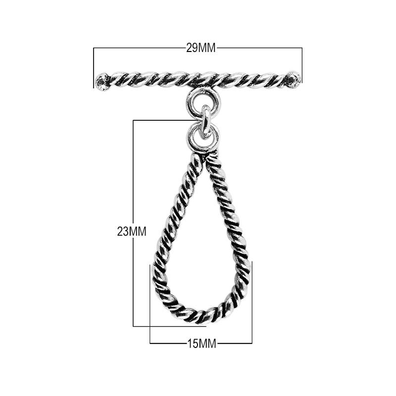 Silver Overlay teardrop rope toggle clasp with twisted loop and textured bar, handcrafted jewelry finding for wholesale buyers, handcrafted in India.