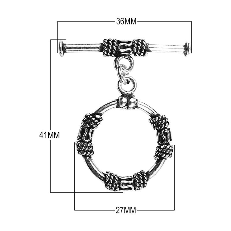 Silver Overlay ornate circular toggle clasp with rope-wrapped detailing and bar closure, handcrafted jewelry finding for wholesale buyers, handcrafted in India.