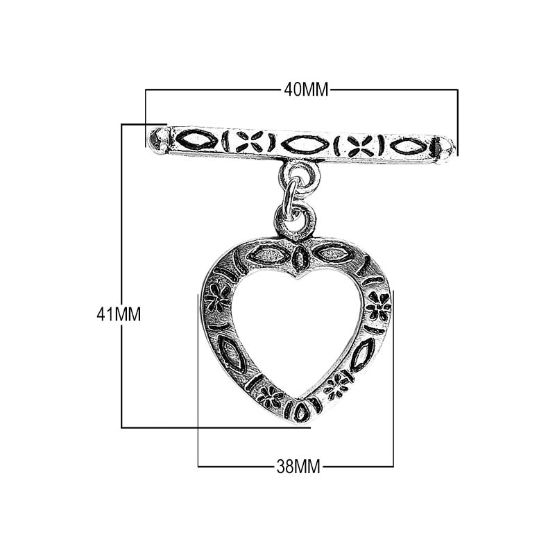 Silver Overlay floral heart toggle clasp with engraved heart-shaped loop and decorative bar, handcrafted jewelry finding for wholesale buyers, handcrafted in India.
