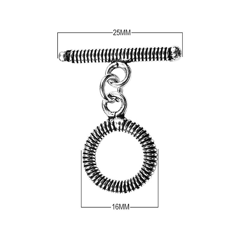 Silver Overlay coil round toggle clasp with circular loop and textured bar, handcrafted jewelry finding for wholesale buyers, handcrafted in India.