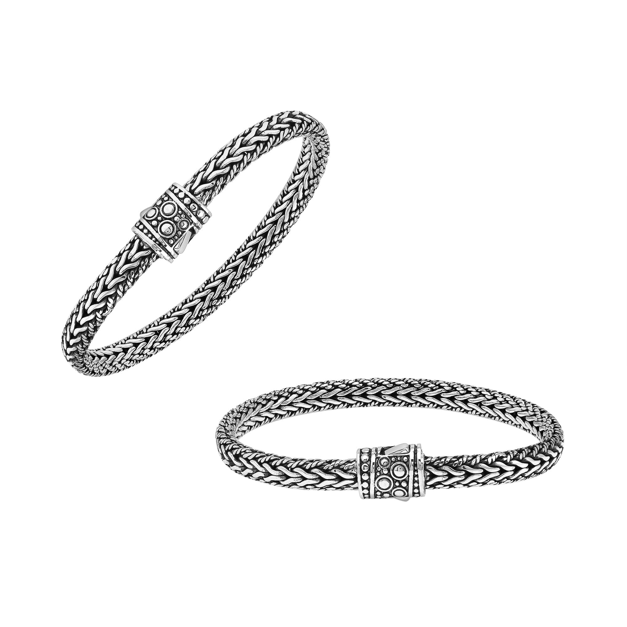 925 Sterling Silver woven bracelet with Balinese detailing and push lock clasp