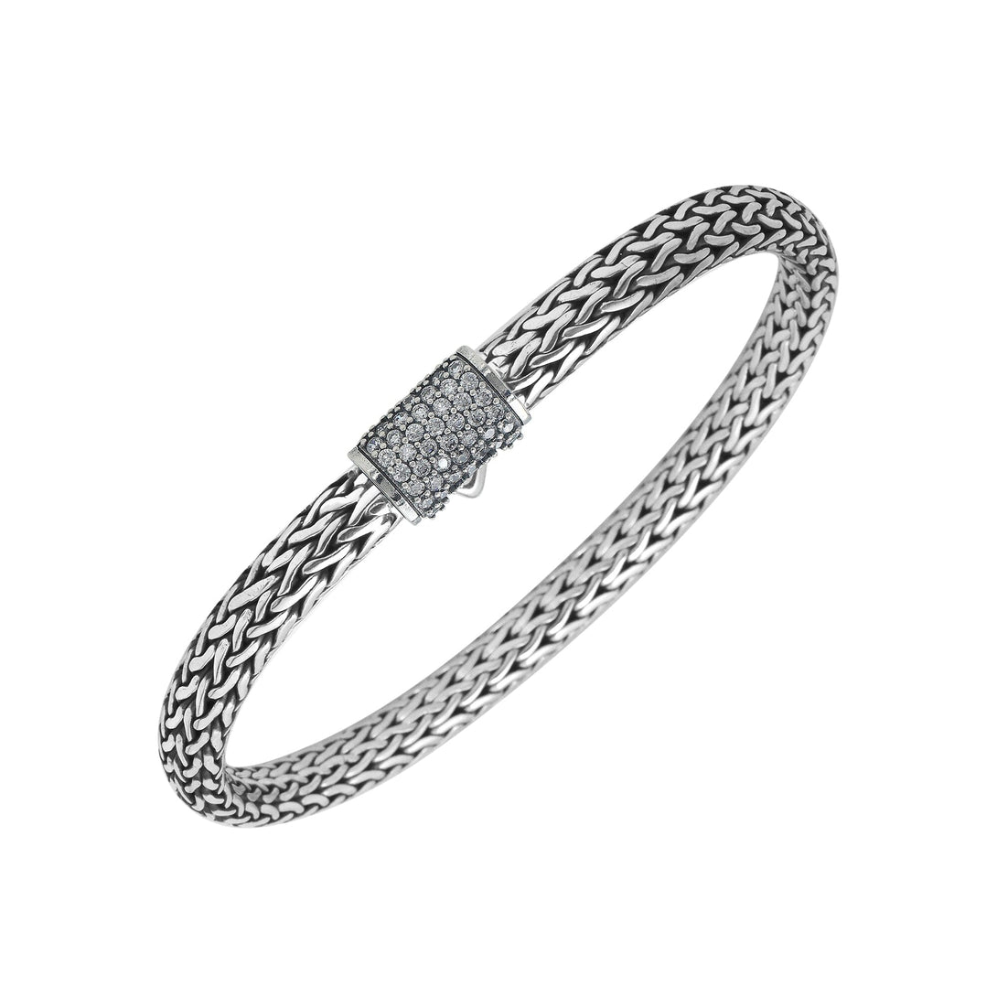 Handwoven 925 sterling silver 4x6 mm Bali bracelet with White Cubic Zirconia clasp and oxidized finish.