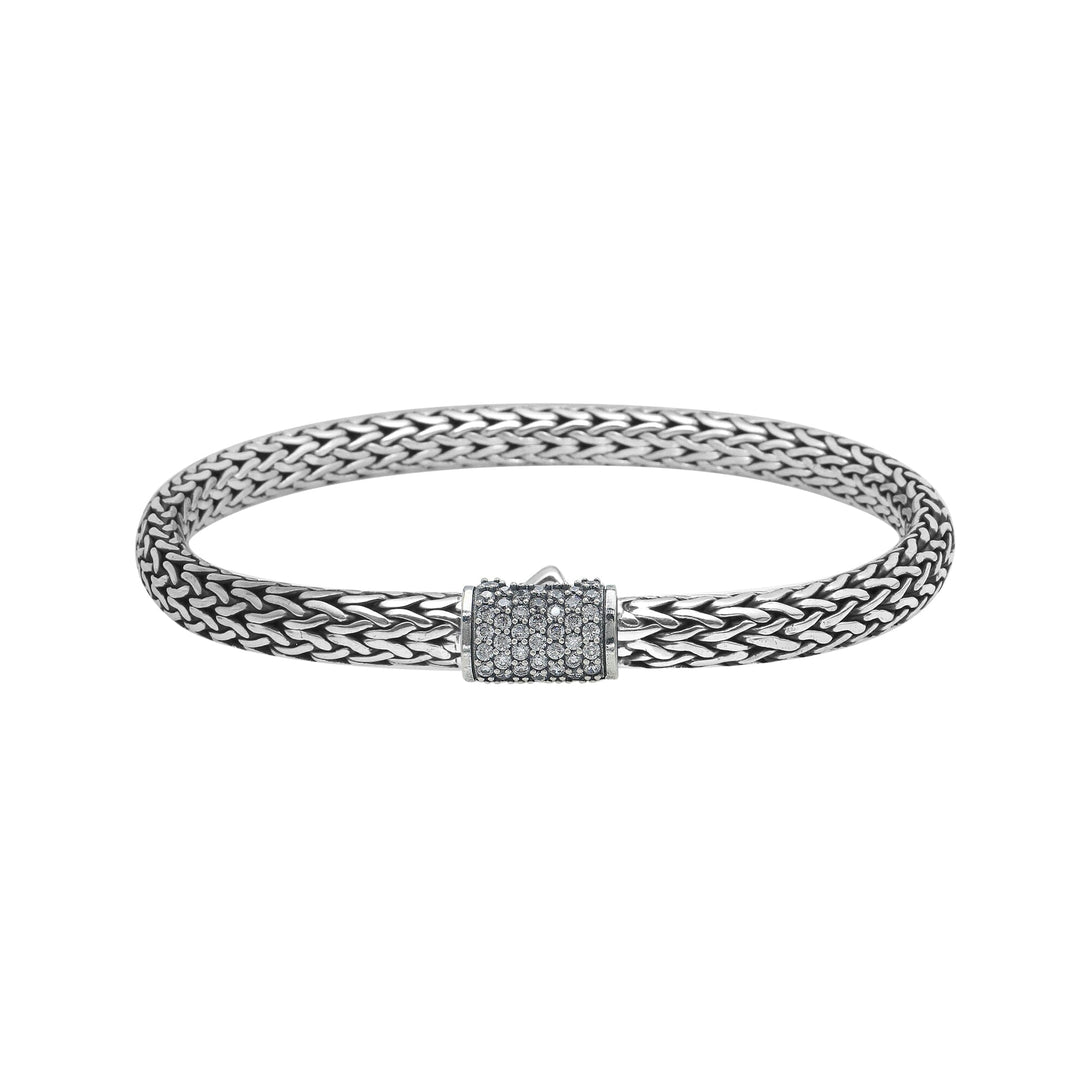 Handwoven 925 sterling silver 4x6 mm Bali bracelet with White Cubic Zirconia clasp and oxidized finish.